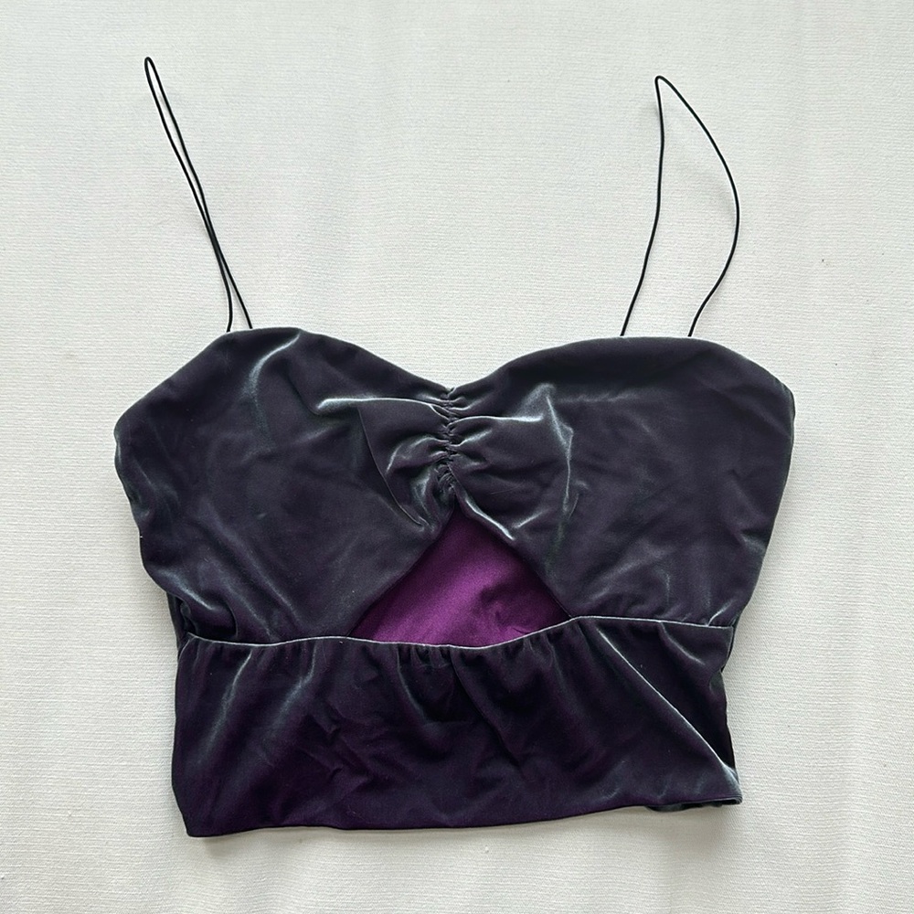 Purple velvet spaghetti strap tank crop top